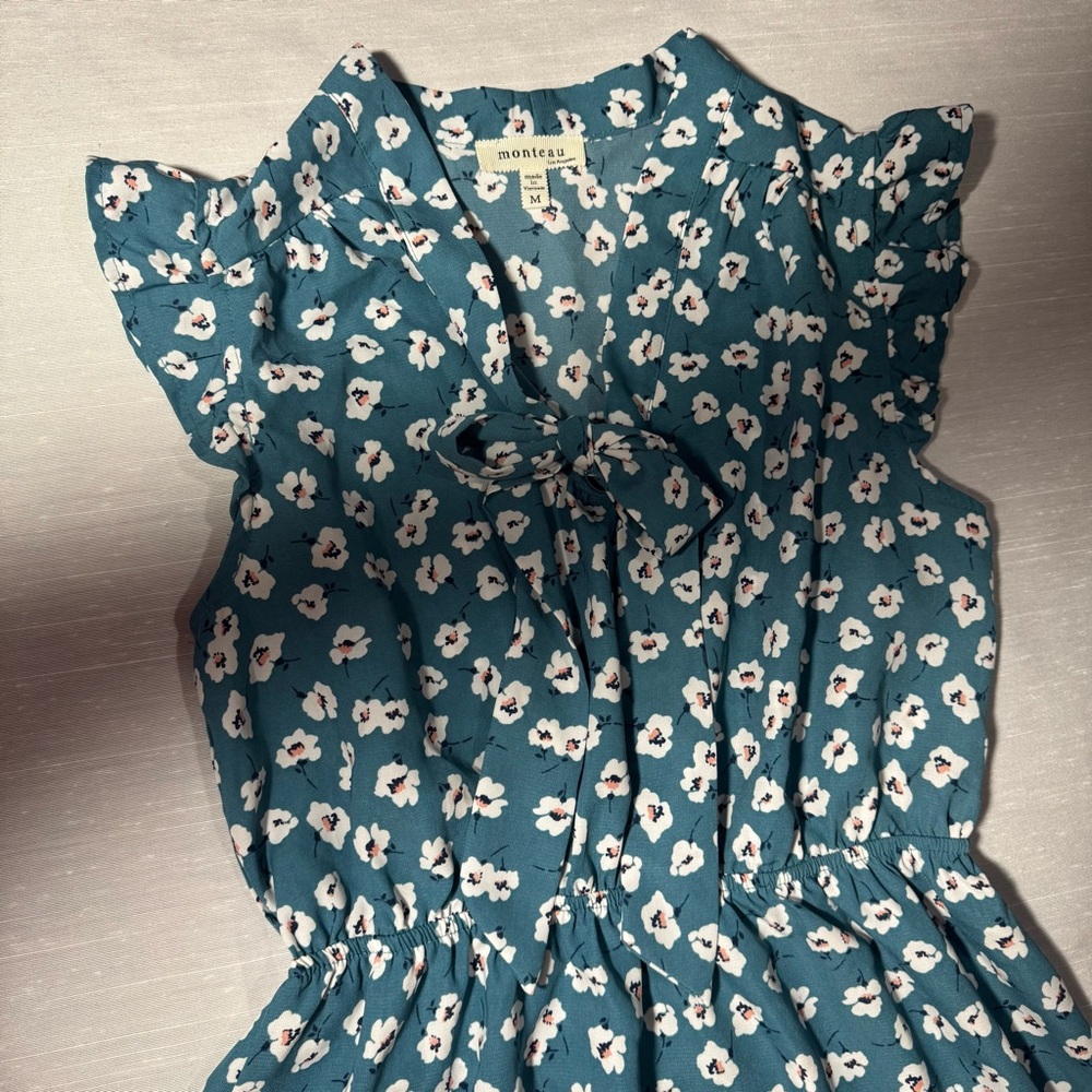 Monteau Floral Dress Teal Tie Neck Ruffle Sleeve Women’s Medium - Picture 3 of 4